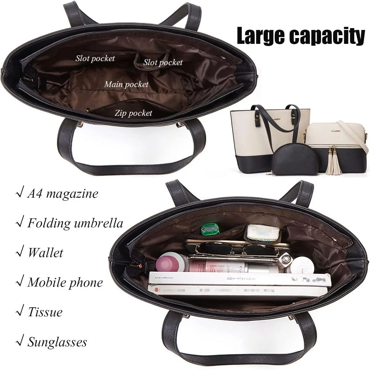 3Pcs Set Handbags and Purses for Women Patchwork Color Shoulder Bags Tassels Totes Top-Handle Satchel Hobo Bags