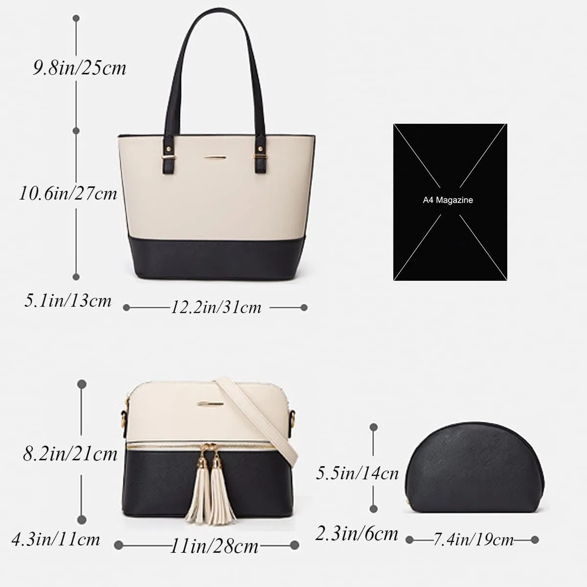 3Pcs Set Handbags and Purses for Women Patchwork Color Shoulder Bags Tassels Totes Top-Handle Satchel Hobo Bags