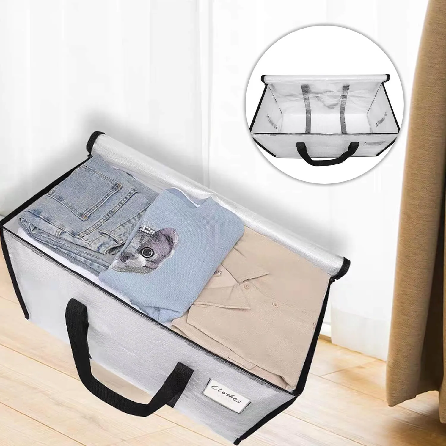4 Pack Large Moving Bags with Zippers & Carrying Handles, Heavy Duty Storage Tote Moving Boxes ，Space Saving (Clear, 4 Pack)