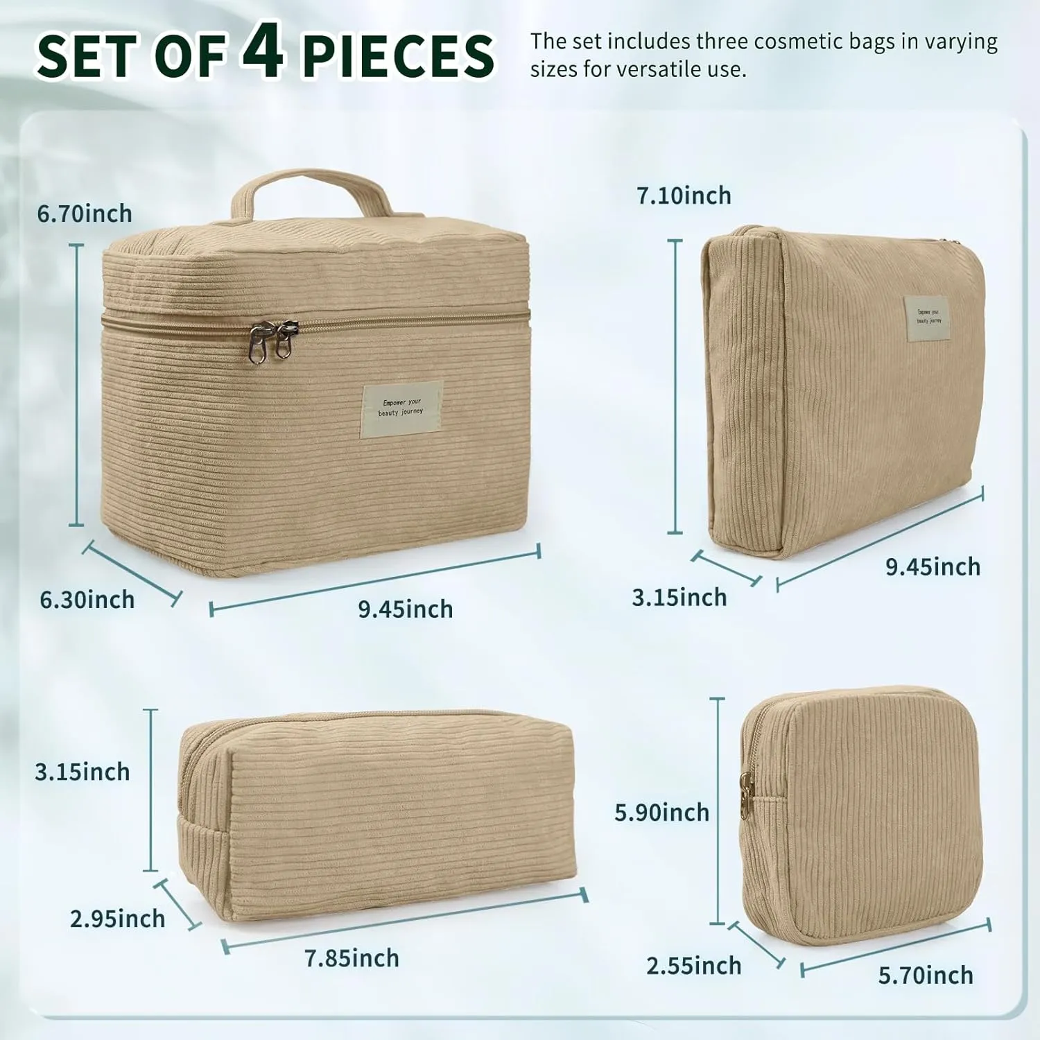 4 Pcs Makeup Bag for Women Corduroy Cosmetic Bag Aesthetic Cute Bags Multi Size Purse Pouch Travel Toiletry Bag Set Makeup Organizer with Zipper (06-Yellow)