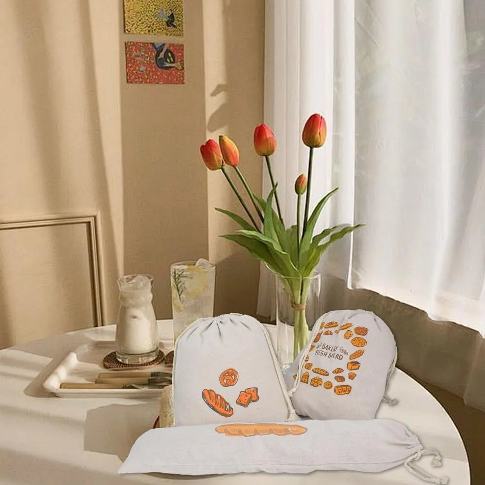 4 Pieces Linen Toast Reusable French Baguette Biscuit Bag Cotton Drawstring Bread Bag for Homemade Container（2 Baguettes Bread Letter bread）