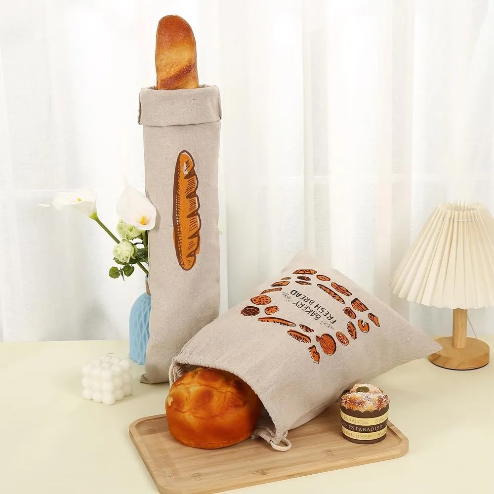 4 Pieces Linen Toast Reusable French Baguette Biscuit Bag Cotton Drawstring Bread Bag for Homemade Container（2 Baguettes Bread Letter bread）