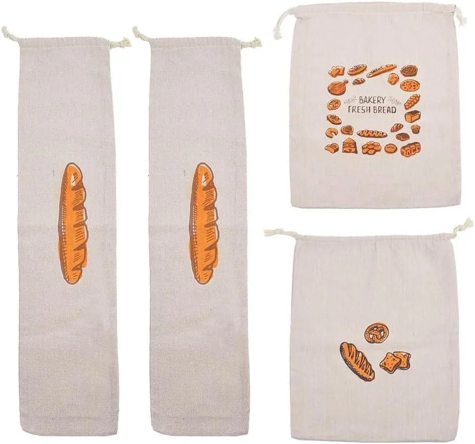 4 Pieces Linen Toast Reusable French Baguette Biscuit Bag Cotton Drawstring Bread Bag for Homemade Container（2 Baguettes Bread Letter bread）