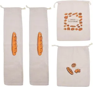 4 Pieces Linen Toast Reusable French Baguette Biscuit Bag Cotton Drawstring Bread Bag for Homemade Container（2 Baguettes Bread Letter bread）