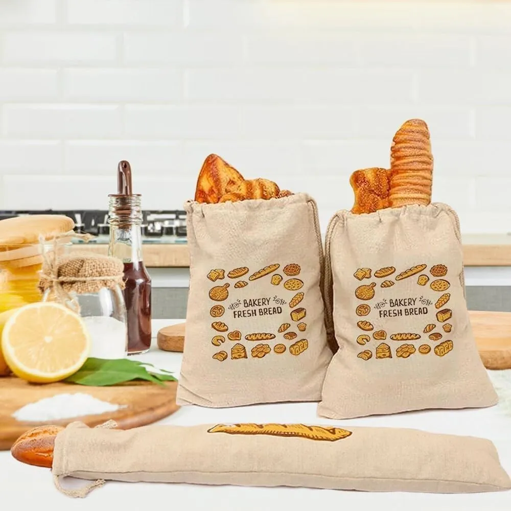 4 Pieces Linen Toast Reusable French Baguette Biscuit Bag Cotton Drawstring Bread Bag for Homemade Container（2 Baguettes Bread Letter bread）