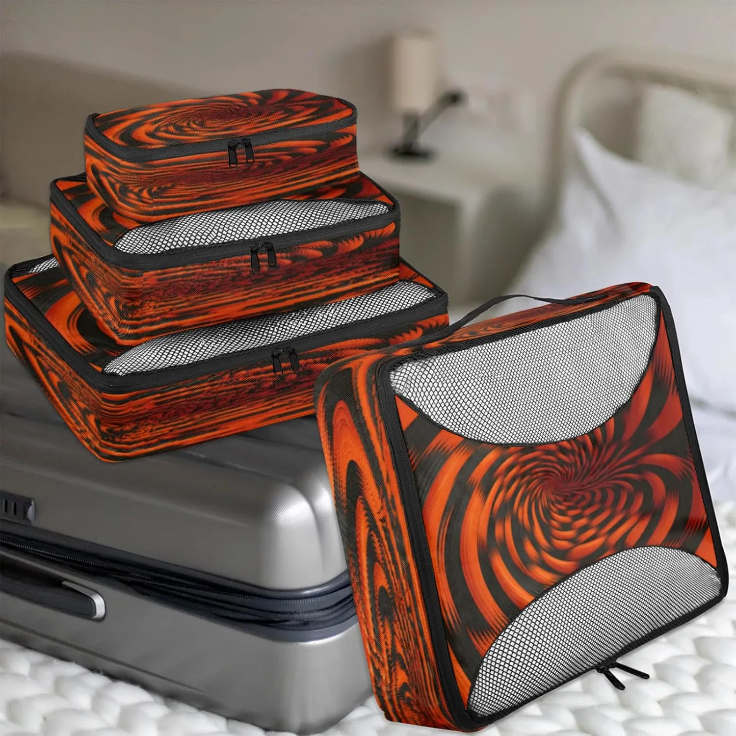 4 Set Packing Cubes for Travel, Rotary Print Packing Cubes for Women, Travel Luggage Packing Organizers, Packing Cube Set, Black Orange Pattern