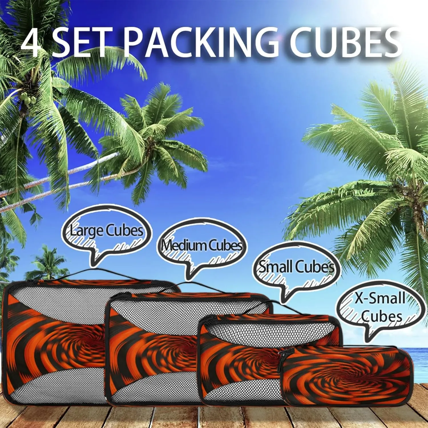 4 Set Packing Cubes for Travel, Rotary Print Packing Cubes for Women, Travel Luggage Packing Organizers, Packing Cube Set, Black Orange Pattern