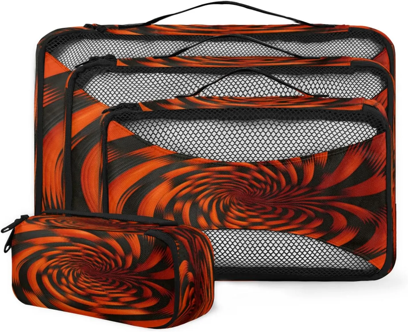 4 Set Packing Cubes for Travel, Rotary Print Packing Cubes for Women, Travel Luggage Packing Organizers, Packing Cube Set, Black Orange Pattern