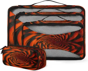 4 Set Packing Cubes for Travel, Rotary Print Packing Cubes for Women, Travel Luggage Packing Organizers, Packing Cube Set, Black Orange Pattern