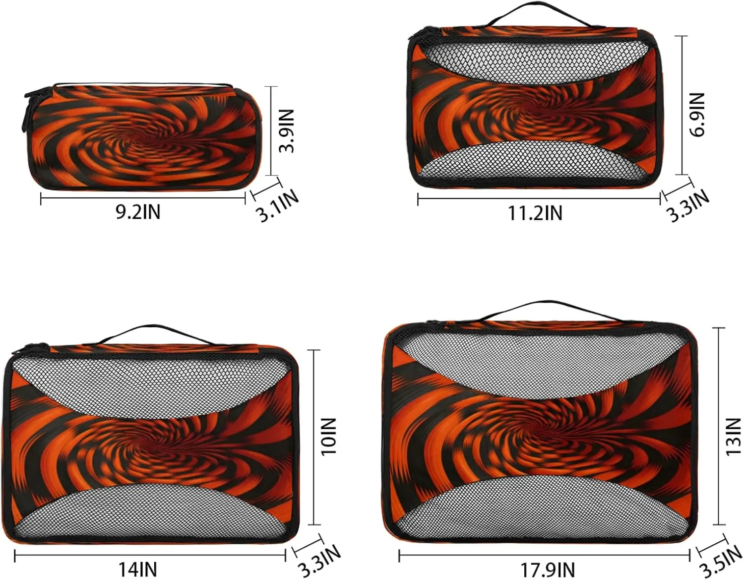 4 Set Packing Cubes for Travel, Rotary Print Packing Cubes for Women, Travel Luggage Packing Organizers, Packing Cube Set, Black Orange Pattern