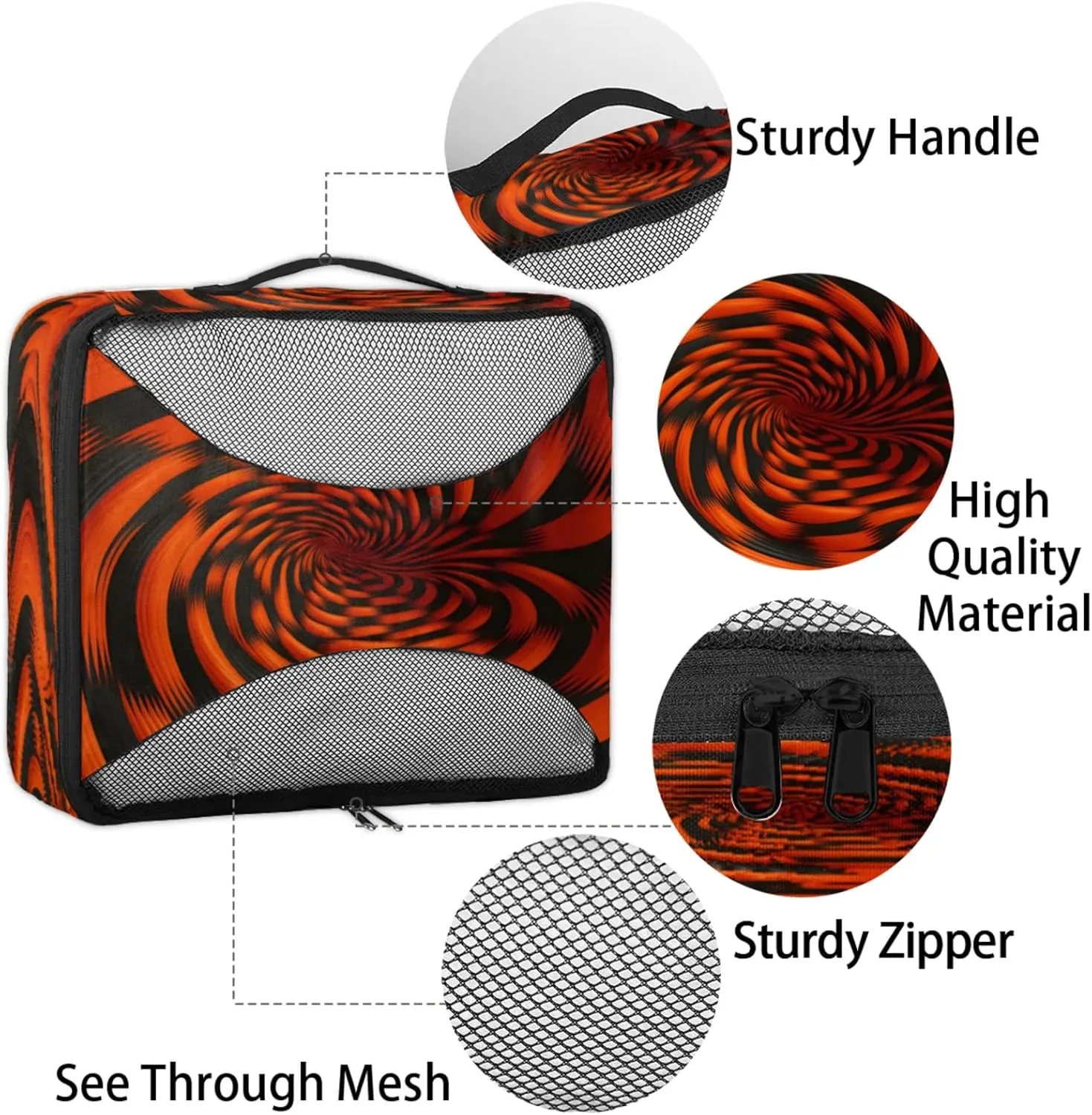4 Set Packing Cubes for Travel, Rotary Print Packing Cubes for Women, Travel Luggage Packing Organizers, Packing Cube Set, Black Orange Pattern