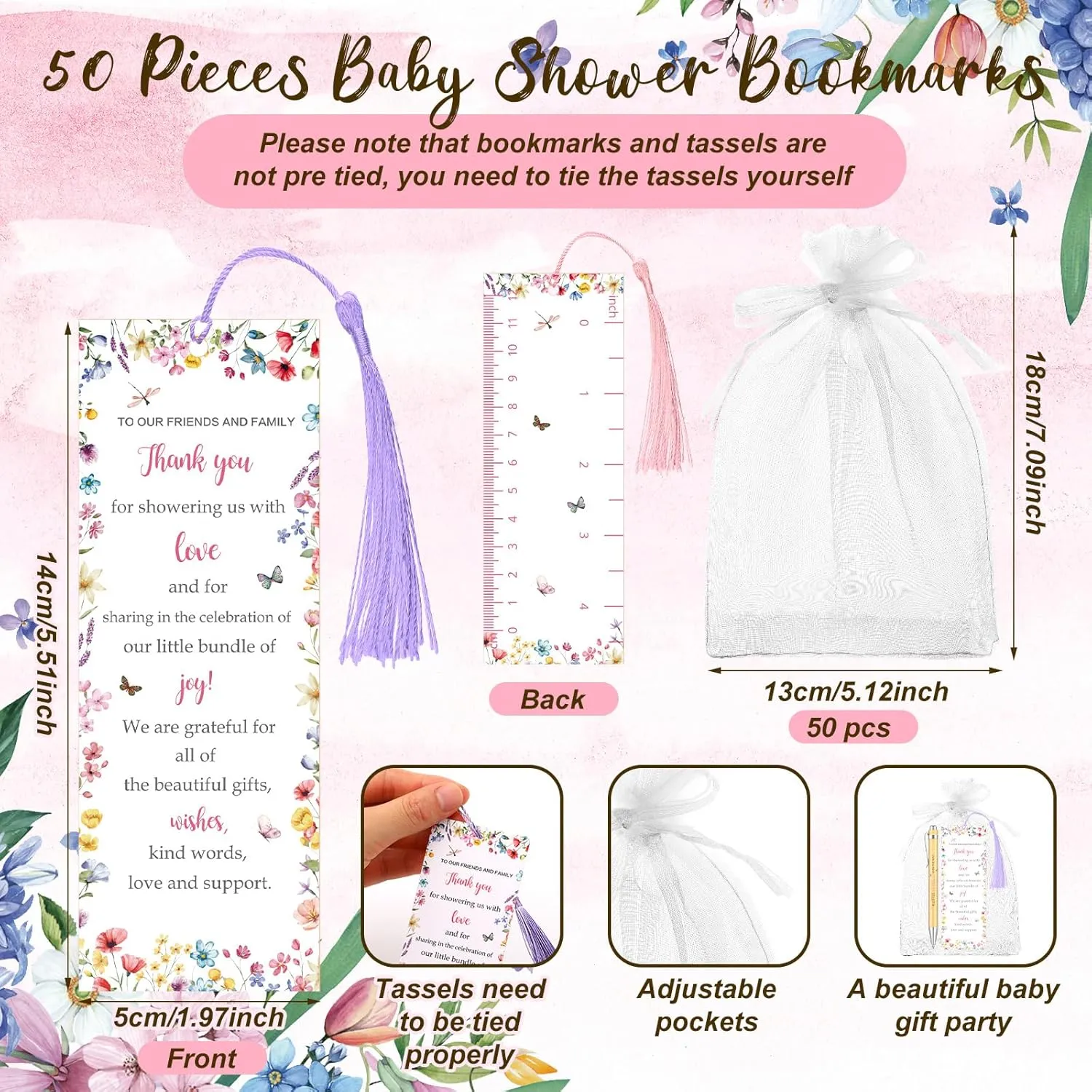 50 Sets Baby Shower Bookmark Favors with 50 Baby Shower Ballpoint Pen and Organza Bags Gender Reveal Gifts for Guest Prizes Girl and Boy Gender Reveal(Wildflowers,Colorful)