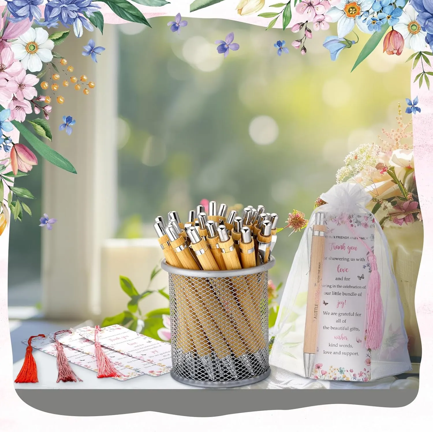 50 Sets Baby Shower Bookmark Favors with 50 Baby Shower Ballpoint Pen and Organza Bags Gender Reveal Gifts for Guest Prizes Girl and Boy Gender Reveal(Wildflowers,Colorful)