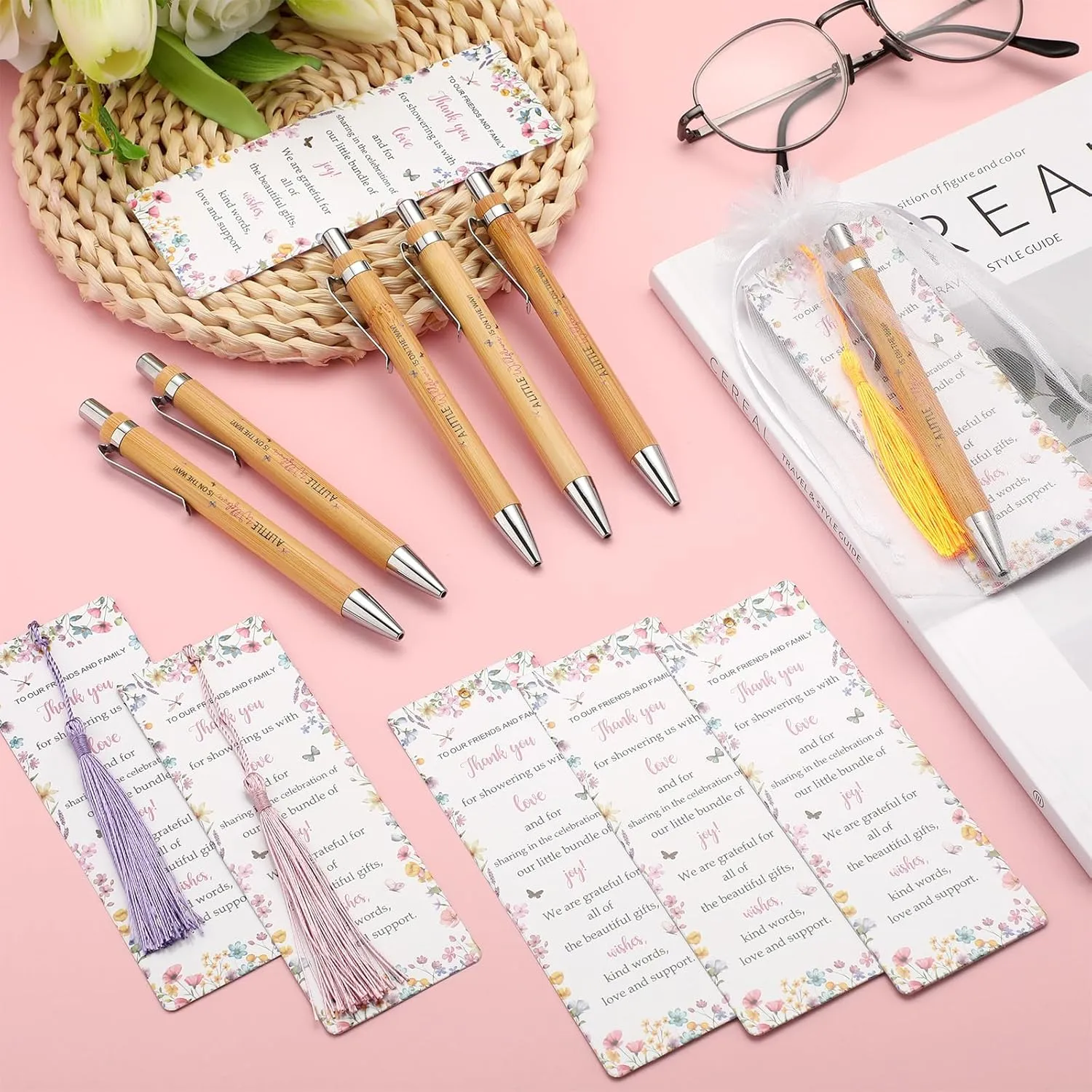 50 Sets Baby Shower Bookmark Favors with 50 Baby Shower Ballpoint Pen and Organza Bags Gender Reveal Gifts for Guest Prizes Girl and Boy Gender Reveal(Wildflowers,Colorful)