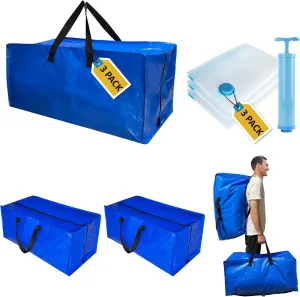 6 Pack Heavy Duty Extra Large Moving Bags with Backpack Straps & Vacuum Storage Bags Moving Supply Combo, Moving Totes with Handles & Zippers for Space Saving, Fold Flat, Includes Vacuum Bags
