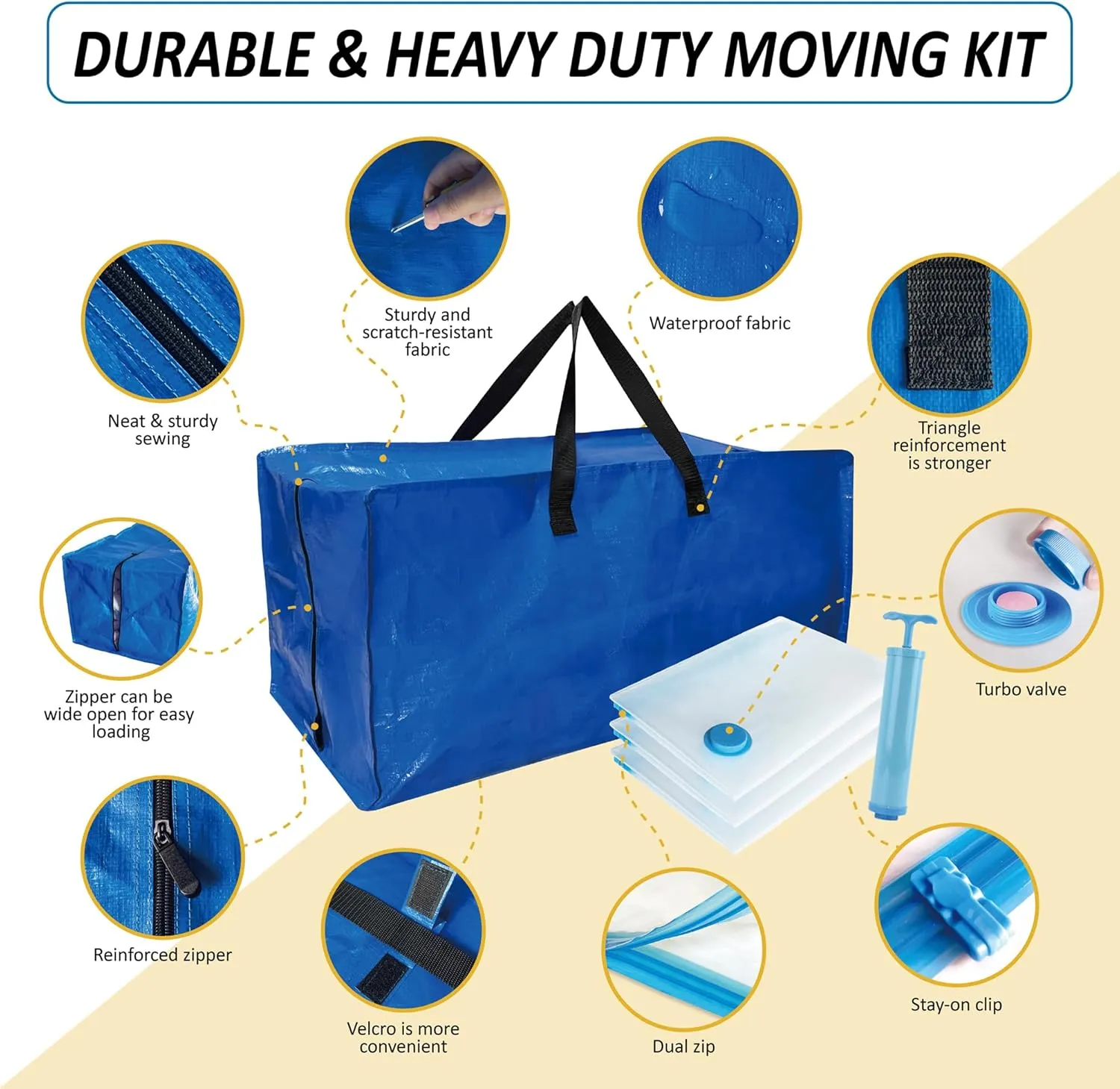 6 Pack Heavy Duty Extra Large Moving Bags with Backpack Straps & Vacuum Storage Bags Moving Supply Combo, Moving Totes with Handles & Zippers for Space Saving, Fold Flat, Includes Vacuum Bags