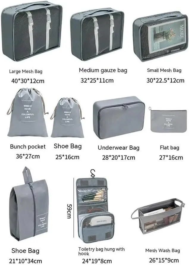 7/8/9/10 Pcs Set Travel Organizer Storage Bags Suitcase Packing Cubes Set Cases Portable Luggage Clothes Shoe Tidy Pouch Folding(10 pcs Lake Blue)