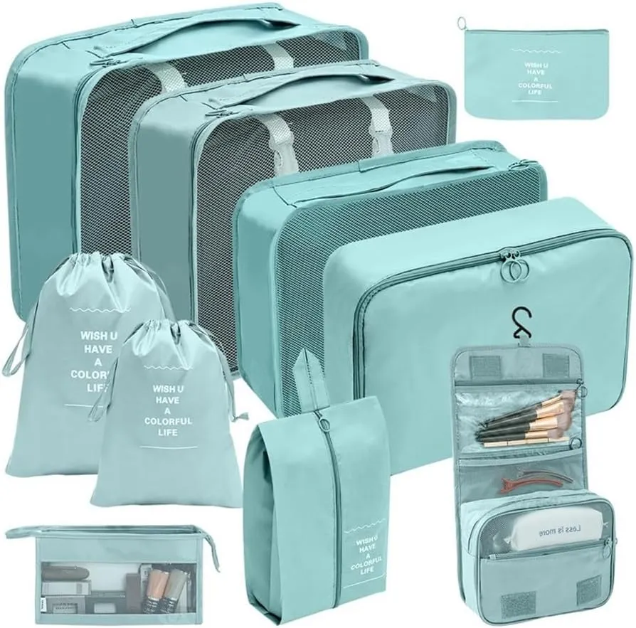 7/8/9/10 Pcs Set Travel Organizer Storage Bags Suitcase Packing Cubes Set Cases Portable Luggage Clothes Shoe Tidy Pouch Folding(10 pcs Lake Blue)