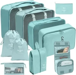 7/8/9/10 Pcs Set Travel Organizer Storage Bags Suitcase Packing Cubes Set Cases Portable Luggage Clothes Shoe Tidy Pouch Folding(10 pcs Lake Blue)