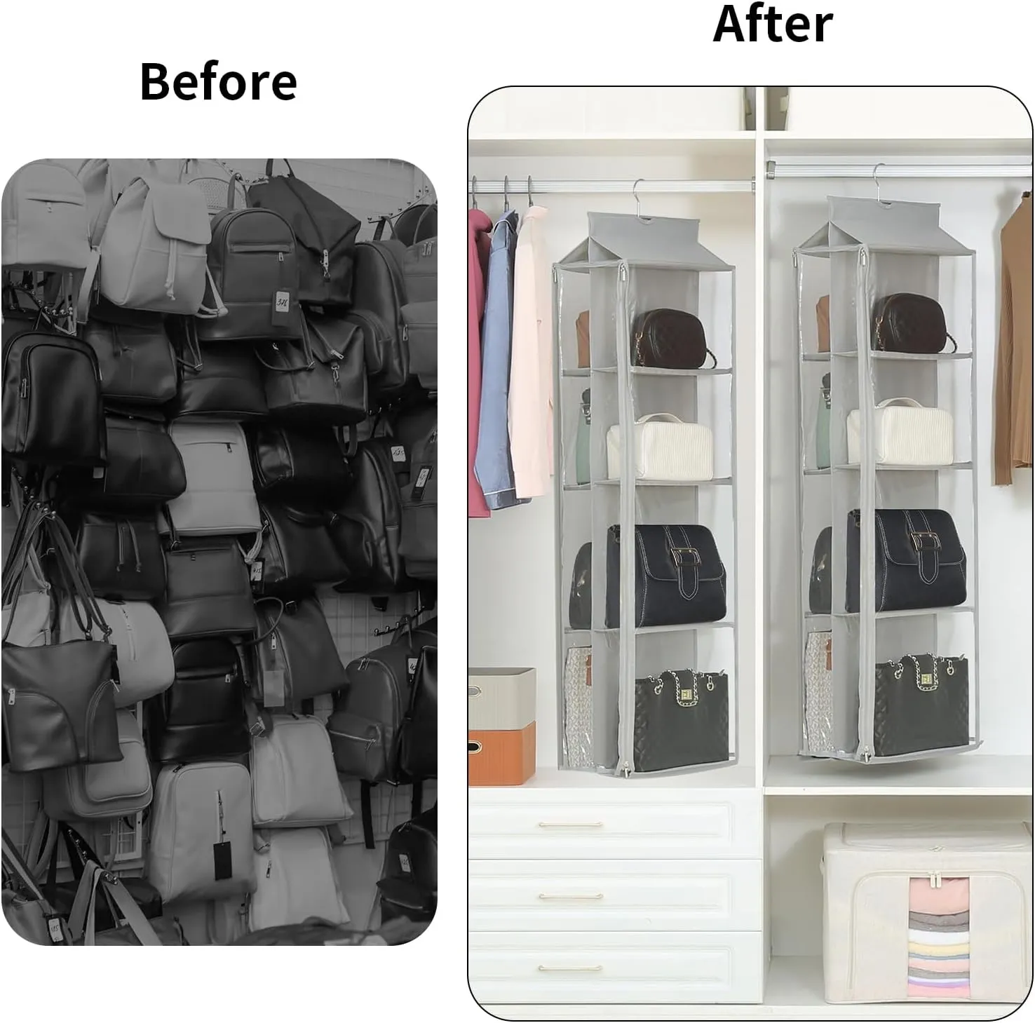 8 Grids in 1 Pack Hanging Purse Handbag Organizer with Double Zippers, Visible Purse Organizer for Closet, Fully Enclosed Handbag Storage Holder, Hanging Closet Organizer for Bags