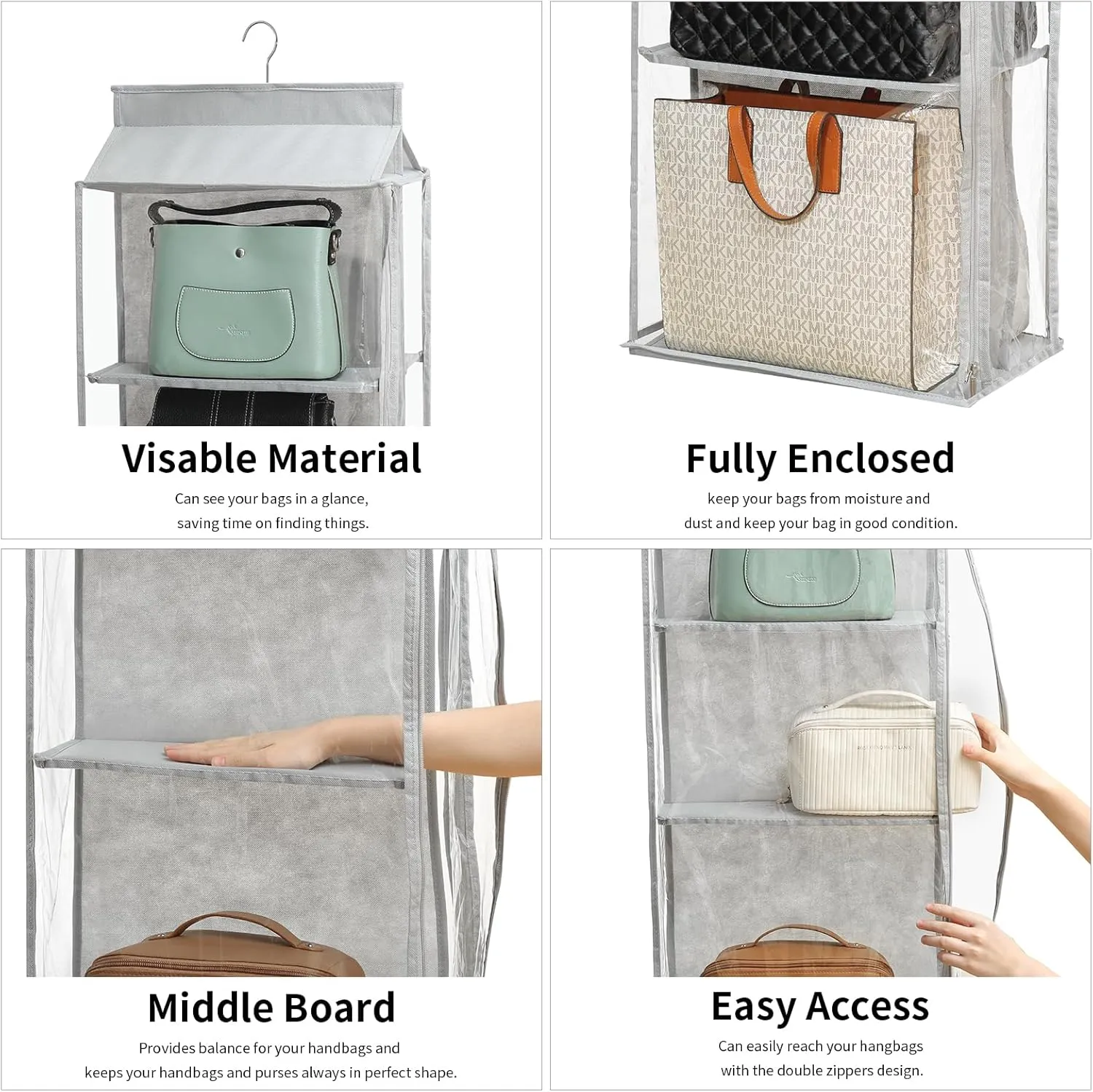 8 Grids in 1 Pack Hanging Purse Handbag Organizer with Double Zippers, Visible Purse Organizer for Closet, Fully Enclosed Handbag Storage Holder, Hanging Closet Organizer for Bags