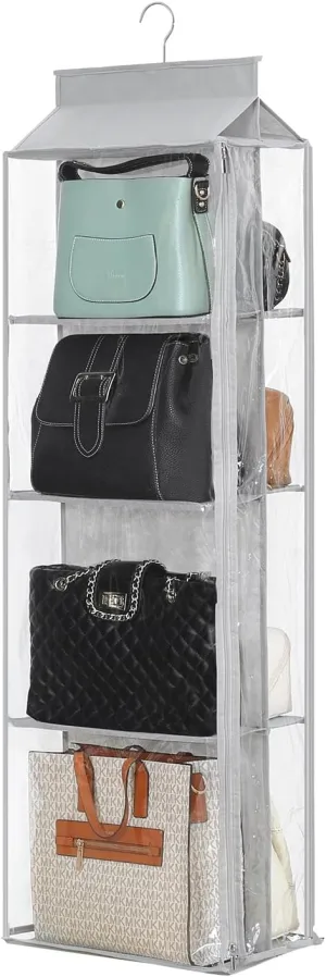 8 Grids in 1 Pack Hanging Purse Handbag Organizer with Double Zippers, Visible Purse Organizer for Closet, Fully Enclosed Handbag Storage Holder, Hanging Closet Organizer for Bags