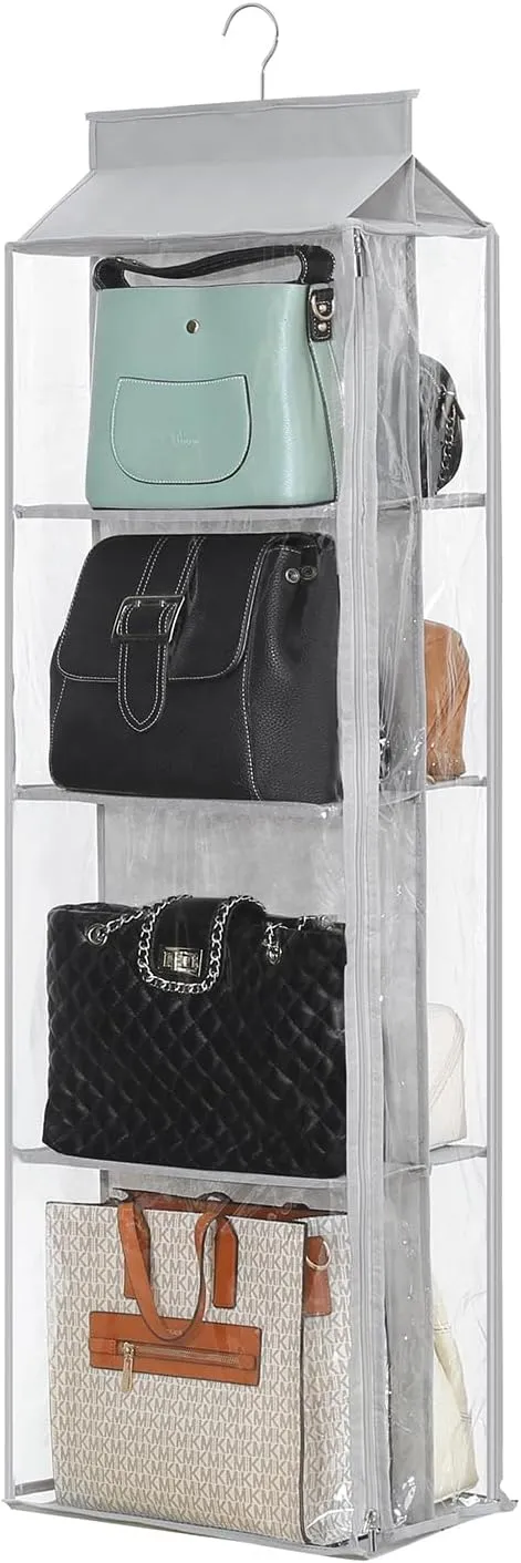 8 Grids in 1 Pack Hanging Purse Handbag Organizer with Double Zippers, Visible Purse Organizer for Closet, Fully Enclosed Handbag Storage Holder, Hanging Closet Organizer for Bags