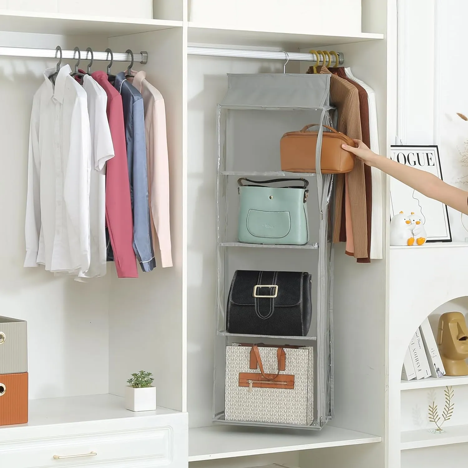 8 Grids in 1 Pack Hanging Purse Handbag Organizer with Double Zippers, Visible Purse Organizer for Closet, Fully Enclosed Handbag Storage Holder, Hanging Closet Organizer for Bags