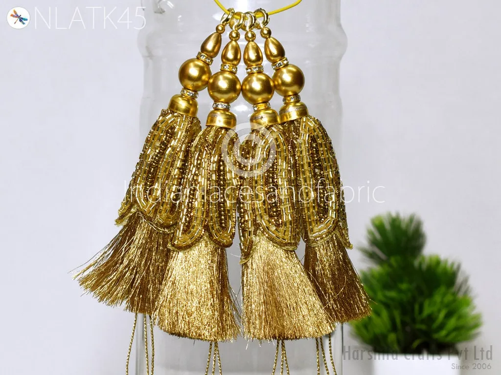 8 Pc Indian Gold Beaded Tassels Latkans Handmade Decorative DIY Crafting Jewelry Charms Embellishment Bridal Curtain Tiebacks Home Decor