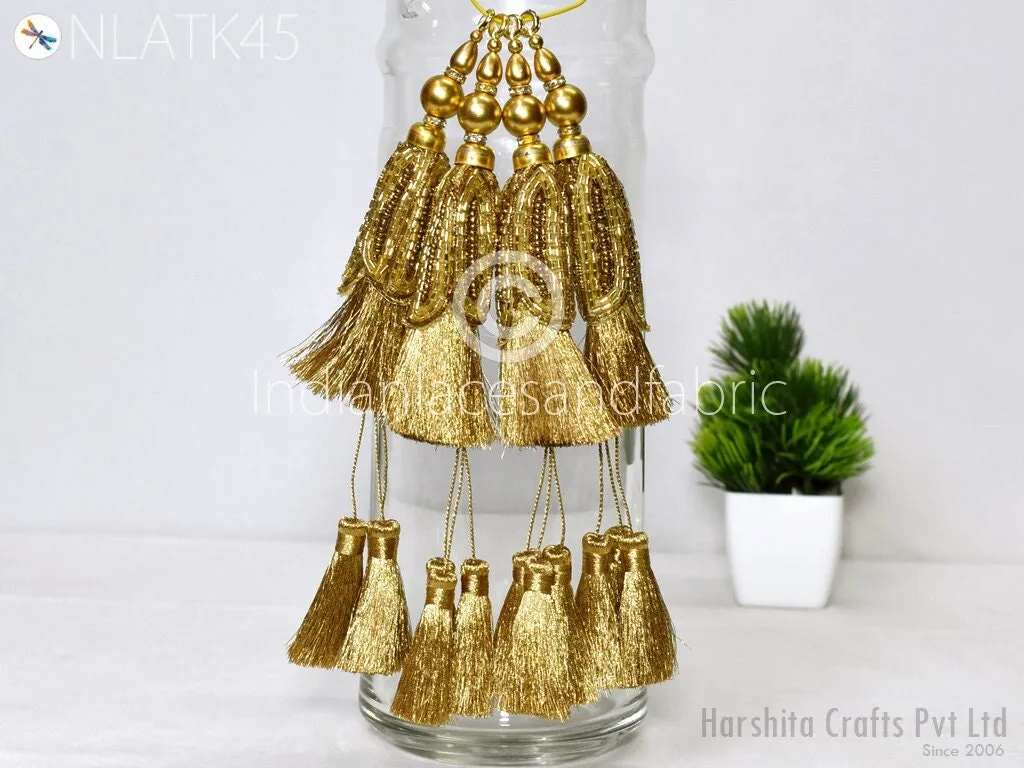 8 Pc Indian Gold Beaded Tassels Latkans Handmade Decorative DIY Crafting Jewelry Charms Embellishment Bridal Curtain Tiebacks Home Decor