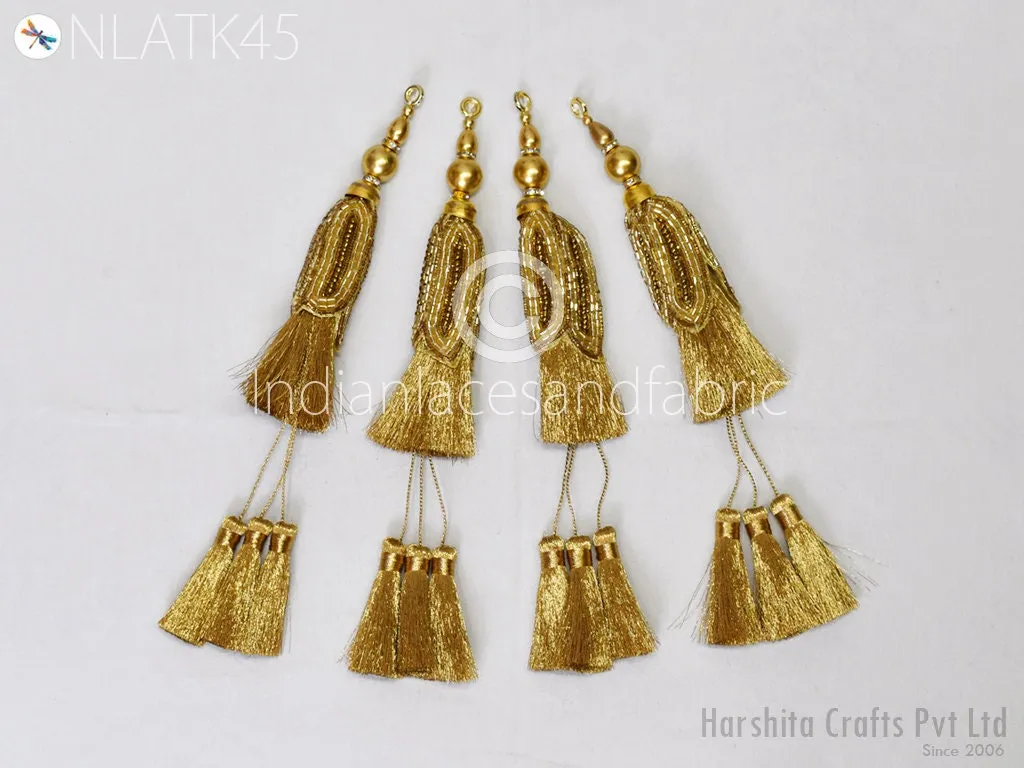 8 Pc Indian Gold Beaded Tassels Latkans Handmade Decorative DIY Crafting Jewelry Charms Embellishment Bridal Curtain Tiebacks Home Decor