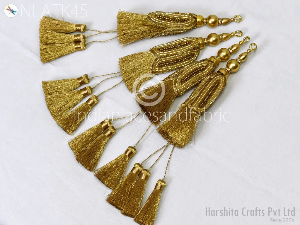 8 Pc Indian Gold Beaded Tassels Latkans Handmade Decorative DIY Crafting Jewelry Charms Embellishment Bridal Curtain Tiebacks Home Decor