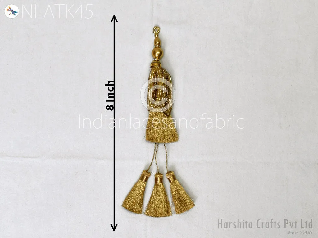 8 Pc Indian Gold Beaded Tassels Latkans Handmade Decorative DIY Crafting Jewelry Charms Embellishment Bridal Curtain Tiebacks Home Decor
