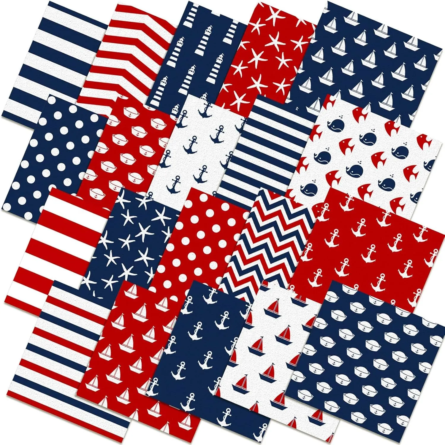 80 Pcs 10''x10'' 4th of July Nautical Quilting Fabric Square Marine Patriotic Fabric Bundle Red Blue White Quilted Material Sail Boats Sailor Hats Anchor Printed Patchwork for DIY Sewing