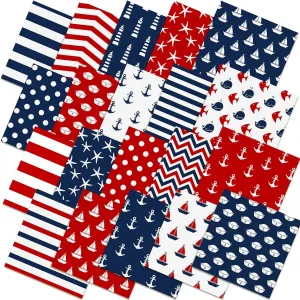 80 Pcs 10''x10'' 4th of July Nautical Quilting Fabric Square Marine Patriotic Fabric Bundle Red Blue White Quilted Material Sail Boats Sailor Hats Anchor Printed Patchwork for DIY Sewing