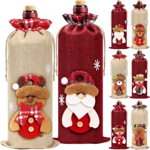 8Pcs Burlap Wine Bags, Drawstring Bottle Gift Bags with Santa, Snowman, Elk, Bear 3D Dolls, Reusable Christmas Wine Bottle Covers for Xmas Holiday Party Decoration