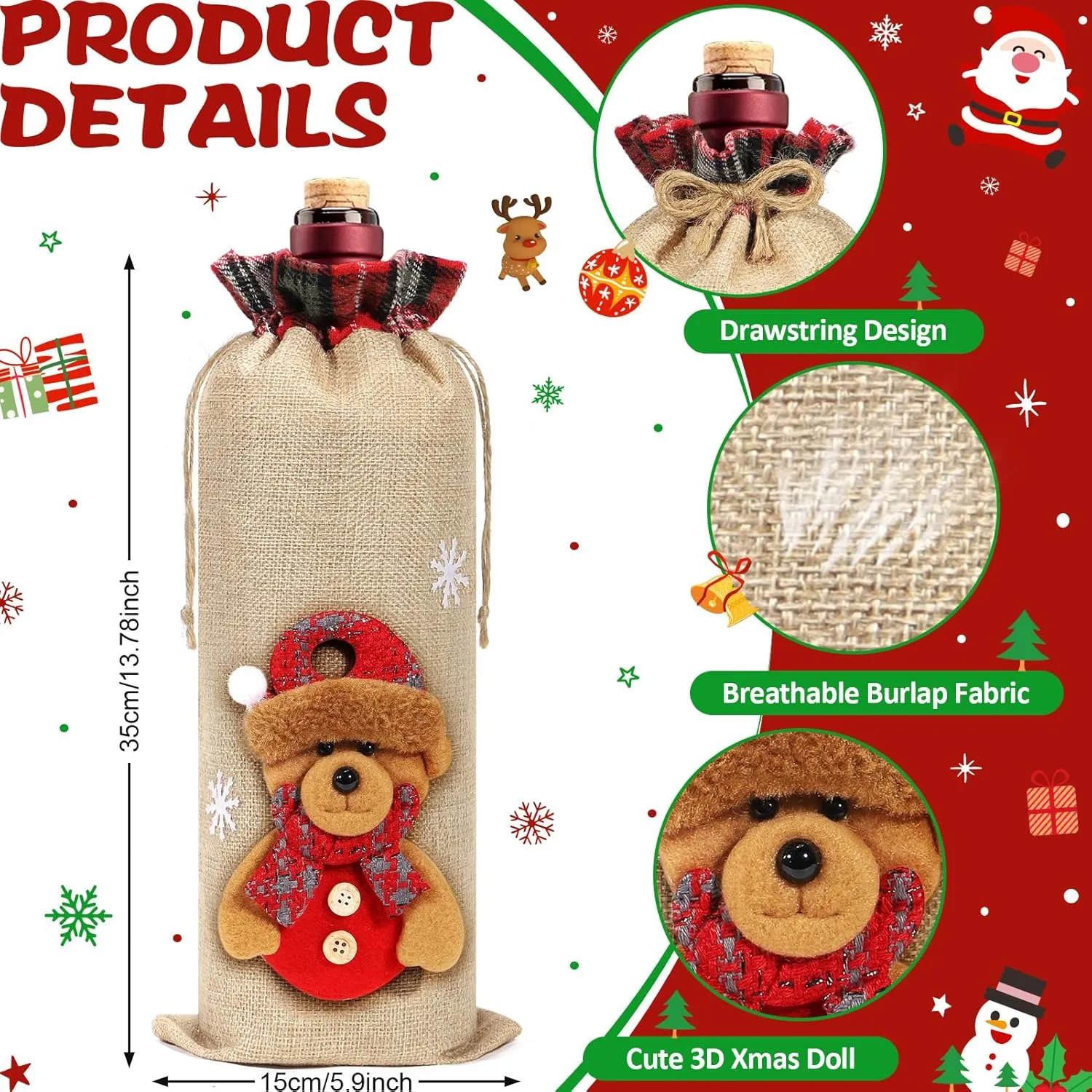 8Pcs Burlap Wine Bags, Drawstring Bottle Gift Bags with Santa, Snowman, Elk, Bear 3D Dolls, Reusable Christmas Wine Bottle Covers for Xmas Holiday Party Decoration
