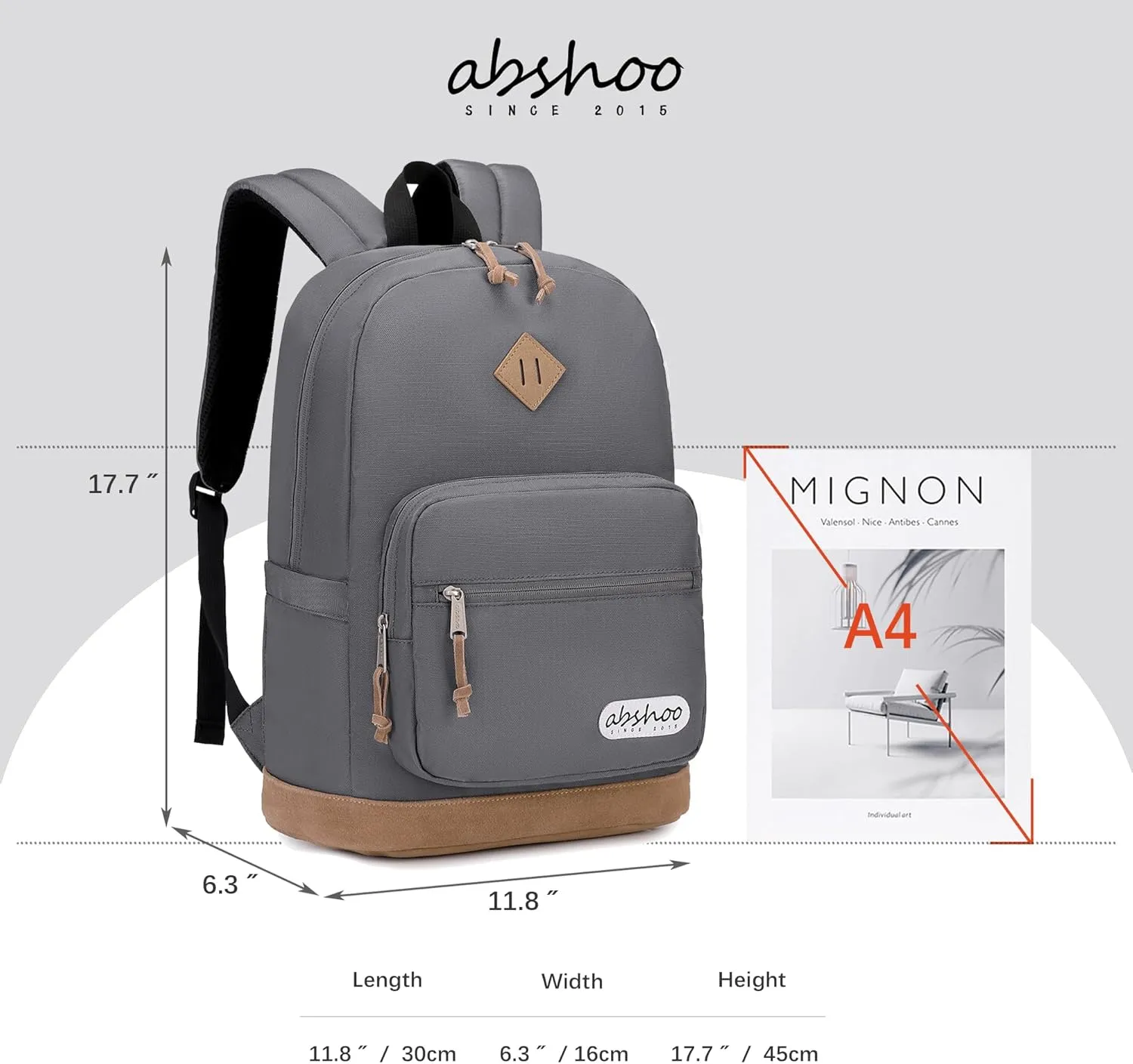 abshoo Classic Travel Backpack for Men and Women Middle High School Backpack for Teen Girls and Boys Bookbag (Grey)