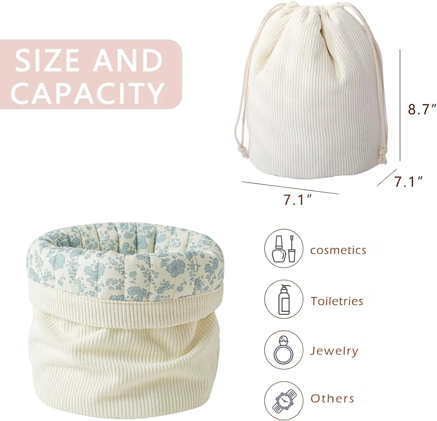 Aesthetic Corduroy Drawstring Makeup Bag with Quilted Lining, Coquette Quilted Cotton Cosmetic Bag, Portable Travel Organized Toiletry Bag for Women Girls（07White Blue Flower）