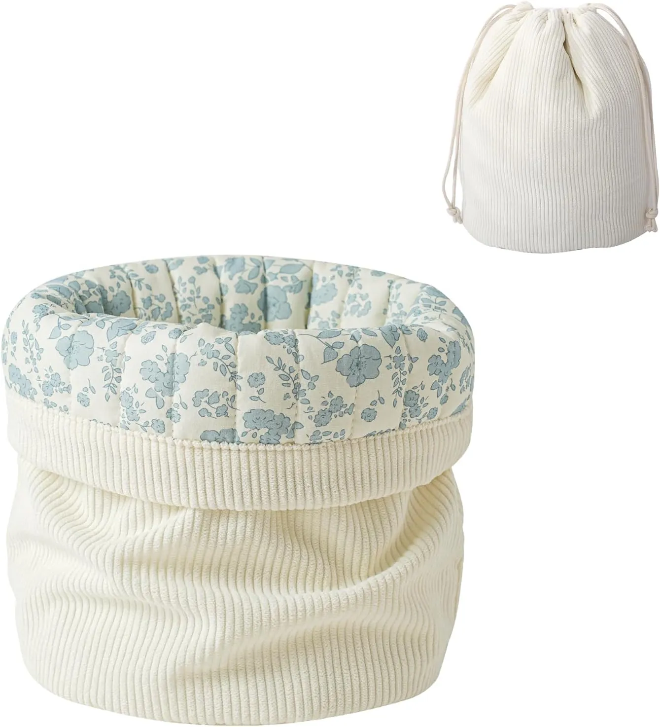 Aesthetic Corduroy Drawstring Makeup Bag with Quilted Lining, Coquette Quilted Cotton Cosmetic Bag, Portable Travel Organized Toiletry Bag for Women Girls（07White Blue Flower）
