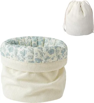 Aesthetic Corduroy Drawstring Makeup Bag with Quilted Lining, Coquette Quilted Cotton Cosmetic Bag, Portable Travel Organized Toiletry Bag for Women Girls（07White Blue Flower）