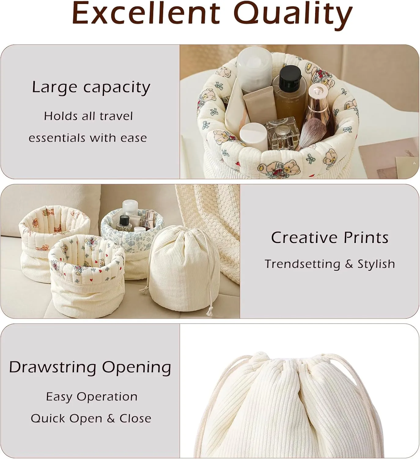 Aesthetic Corduroy Drawstring Makeup Bag with Quilted Lining, Coquette Quilted Cotton Cosmetic Bag, Portable Travel Organized Toiletry Bag for Women Girls（07White Blue Flower）