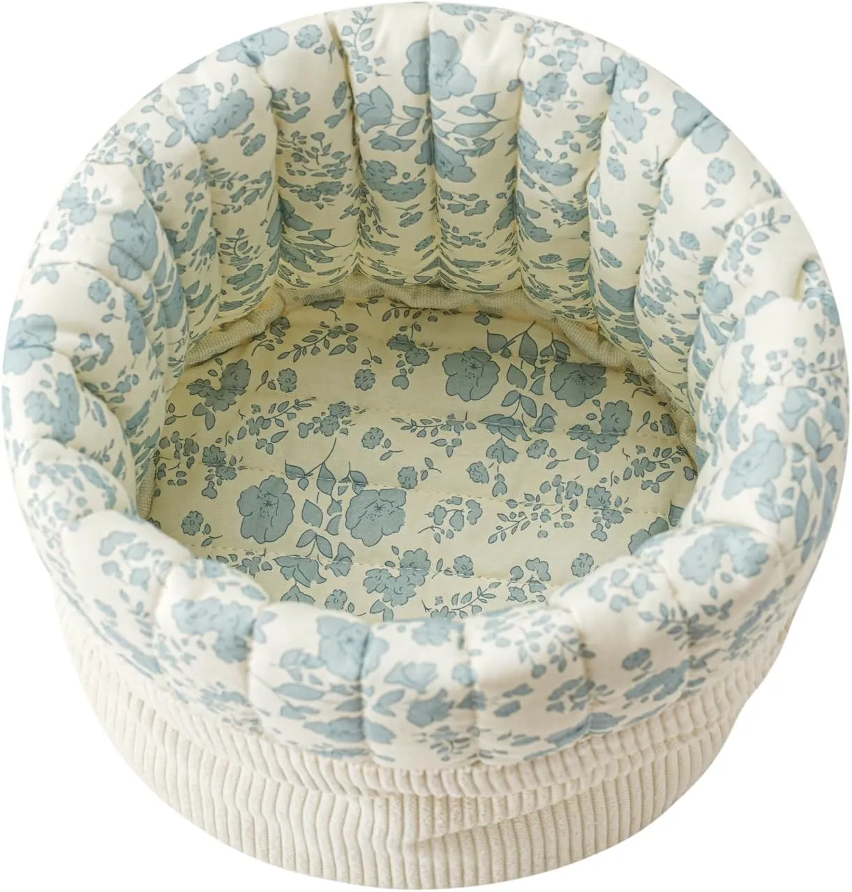 Aesthetic Corduroy Drawstring Makeup Bag with Quilted Lining, Coquette Quilted Cotton Cosmetic Bag, Portable Travel Organized Toiletry Bag for Women Girls（07White Blue Flower）