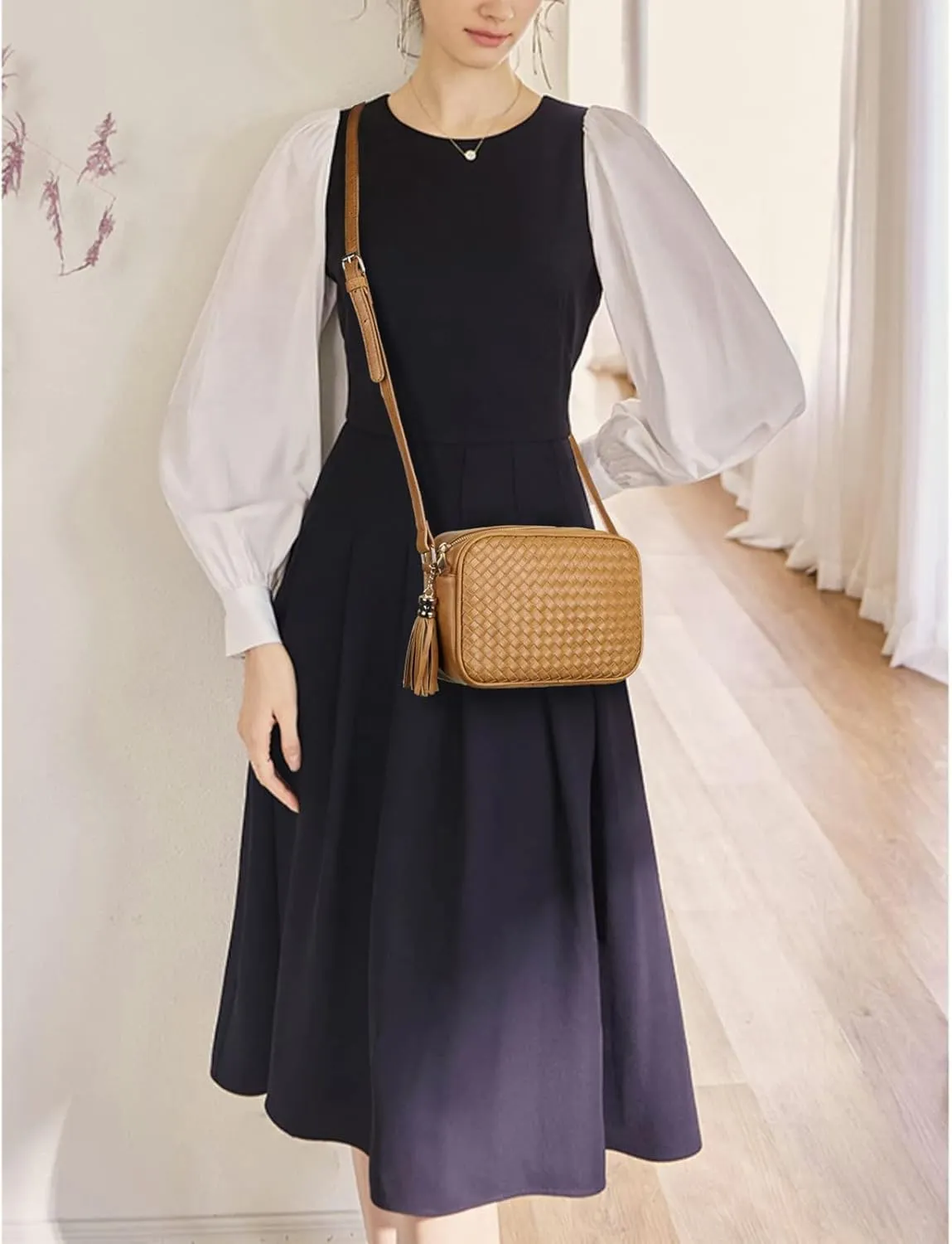 AFKOMST Woven Crossbody Bags for Women Small Summer Purse and Boho Handbags with Tassels,Vegen Leather