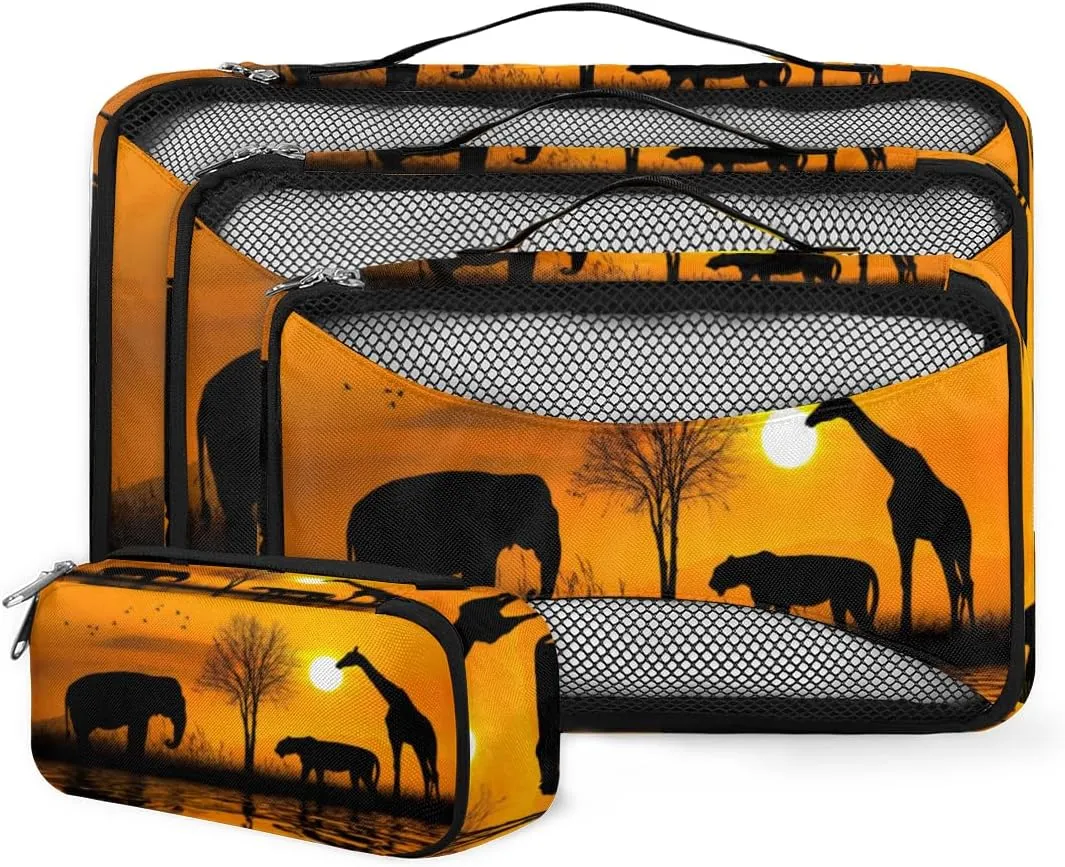 African Safari Animals Silhouette 4 Piece Packing Travel Organizer Cubes Set Mesh Fabric Ventilate Design Lightweight Travel Accessories 4 Sizes (Extra Large, Large, Medium, Small)