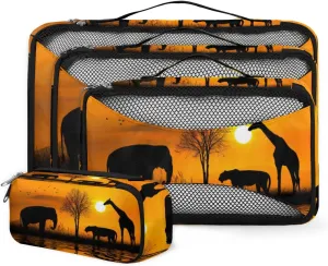 African Safari Animals Silhouette 4 Piece Packing Travel Organizer Cubes Set Mesh Fabric Ventilate Design Lightweight Travel Accessories 4 Sizes (Extra Large, Large, Medium, Small)