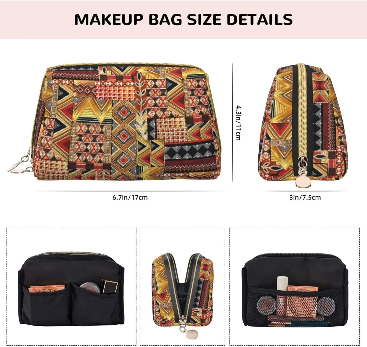 African Textile Patchwork Print Cosmetic Bags,Leather Makeup Bag Small For Purse,Cosmetic Pouch,Toiletry Clutch For Women Travel