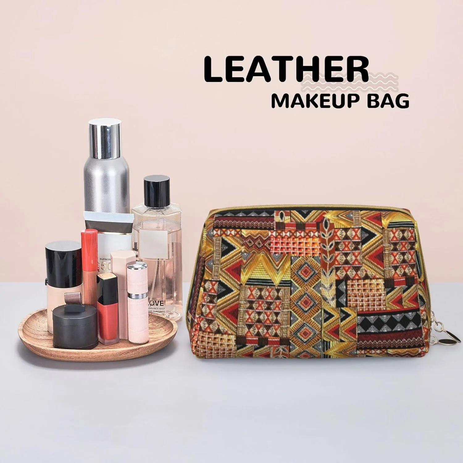 African Textile Patchwork Print Cosmetic Bags,Leather Makeup Bag Small For Purse,Cosmetic Pouch,Toiletry Clutch For Women Travel