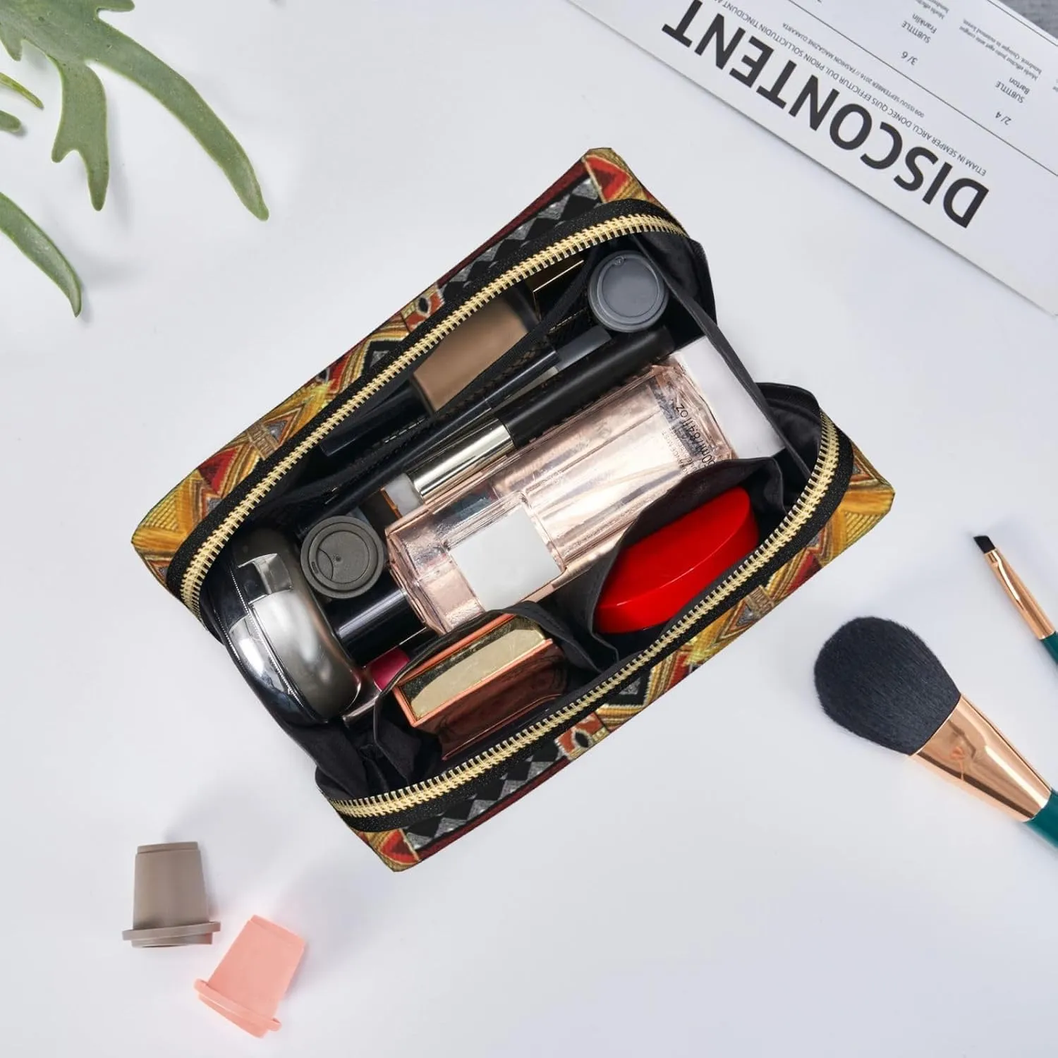 African Textile Patchwork Print Cosmetic Bags,Leather Makeup Bag Small For Purse,Cosmetic Pouch,Toiletry Clutch For Women Travel