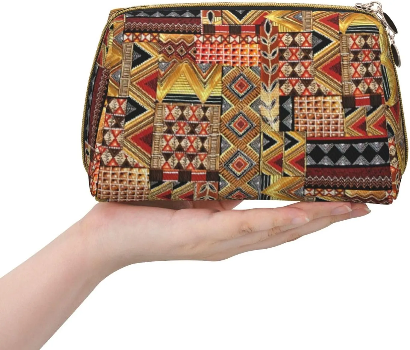 African Textile Patchwork Print Cosmetic Bags,Leather Makeup Bag Small For Purse,Cosmetic Pouch,Toiletry Clutch For Women Travel